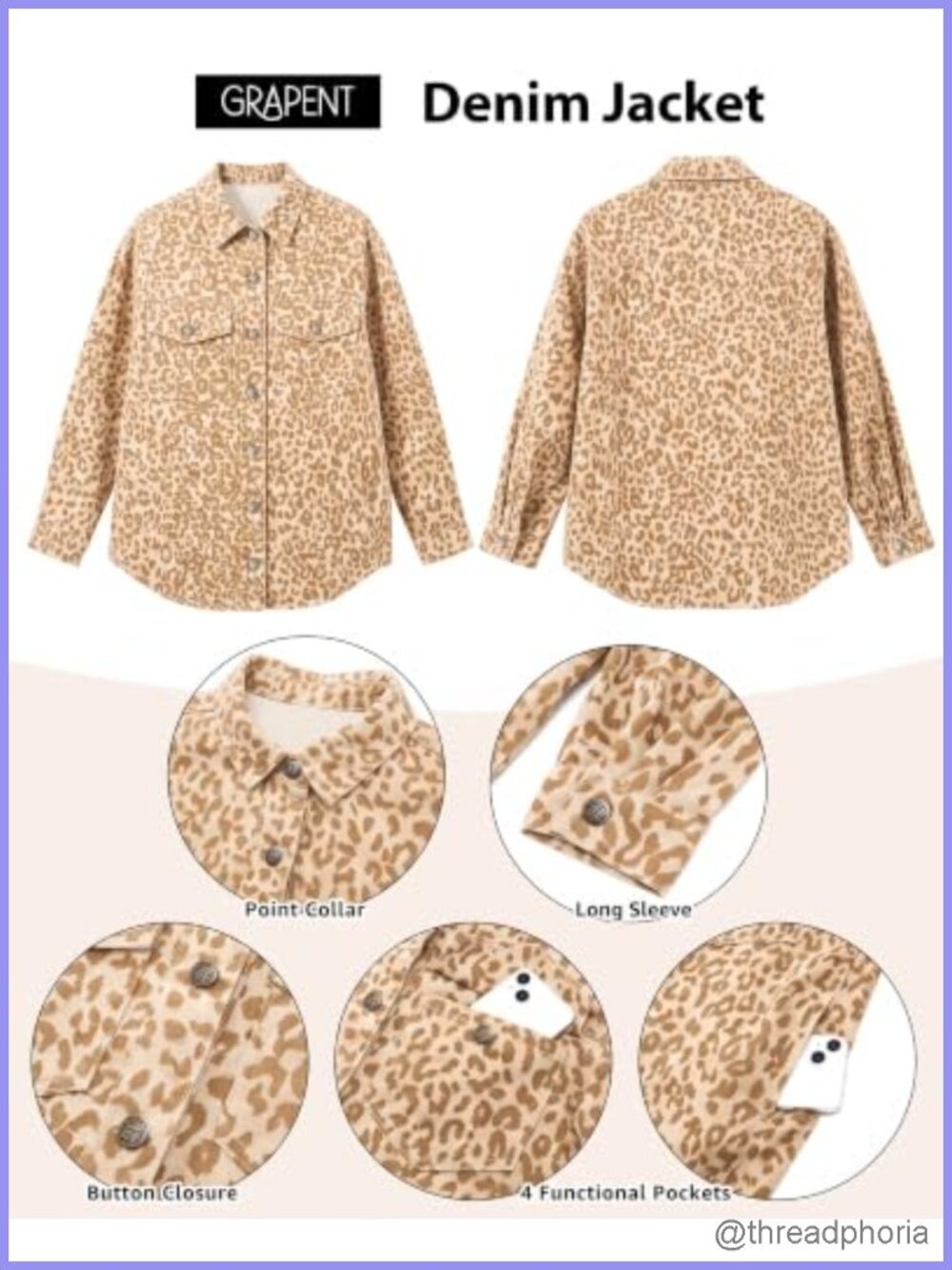 Oversized Cheetah Print Denim Shacket Button Down Cotton Jean Jacket - Picture 3 of 4